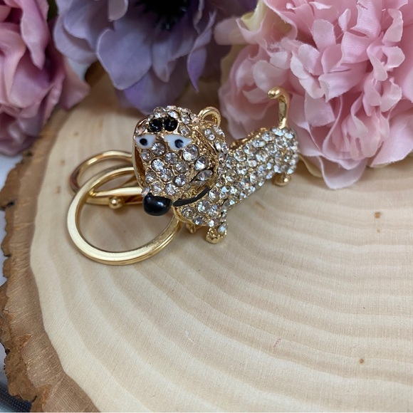 Silver Crystal Hot Dog Puppy Keychain Charm - Picture 9 of 14